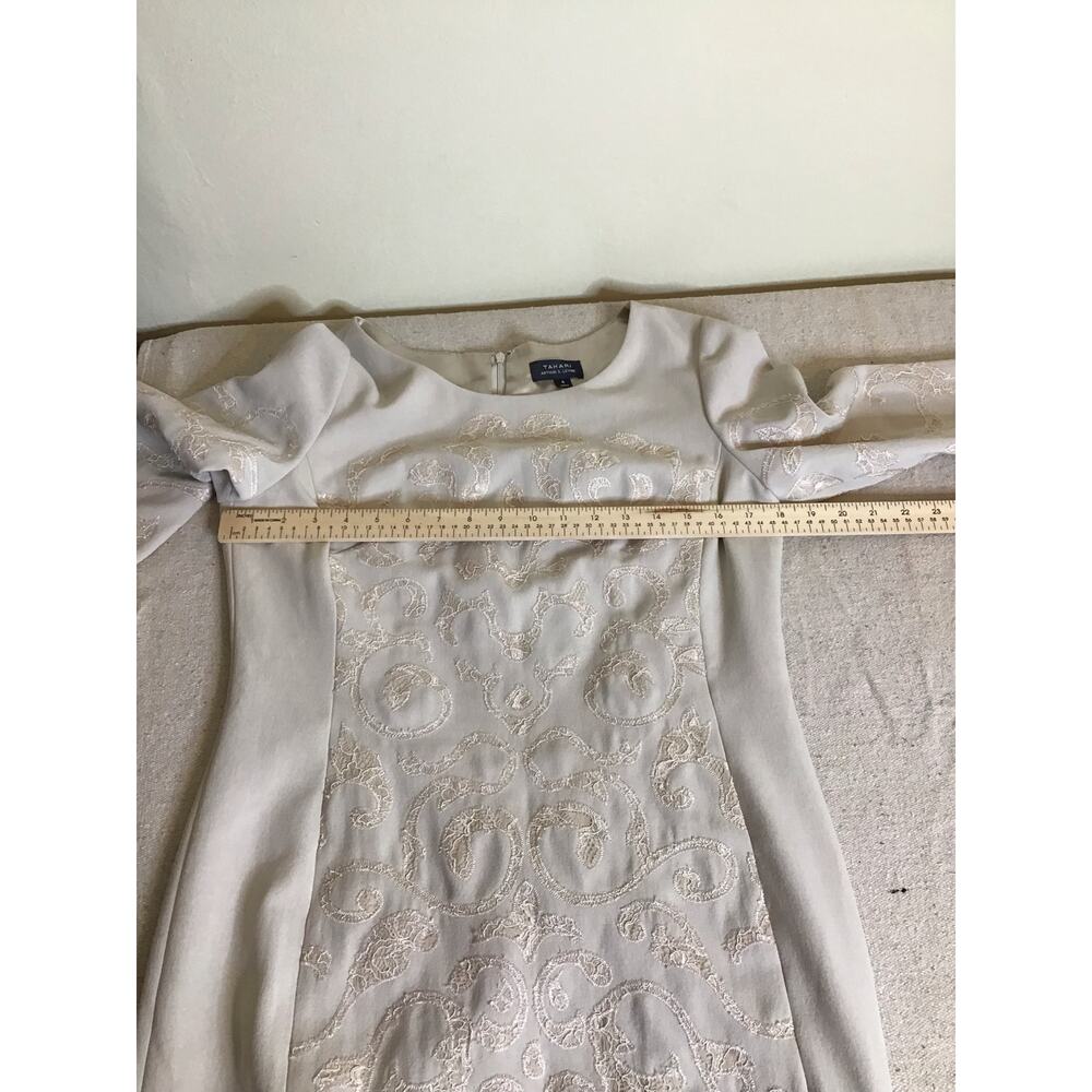 Tahari Women Cream Formal shift dress white scrolling pattern embroidery Sz. 8 - Picture 6 of 12